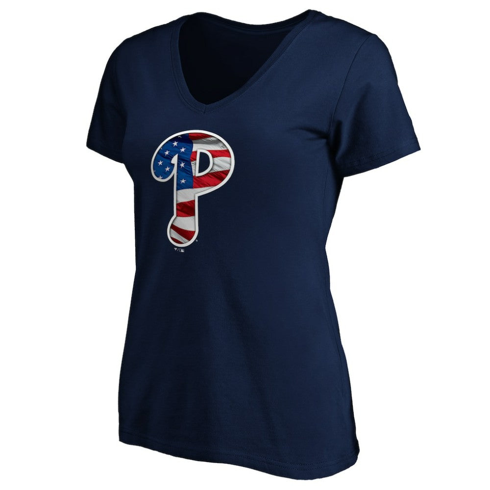 Philadelphia Phillies Logo Women's Banner Wave V-Neck T-Shirt - Navy