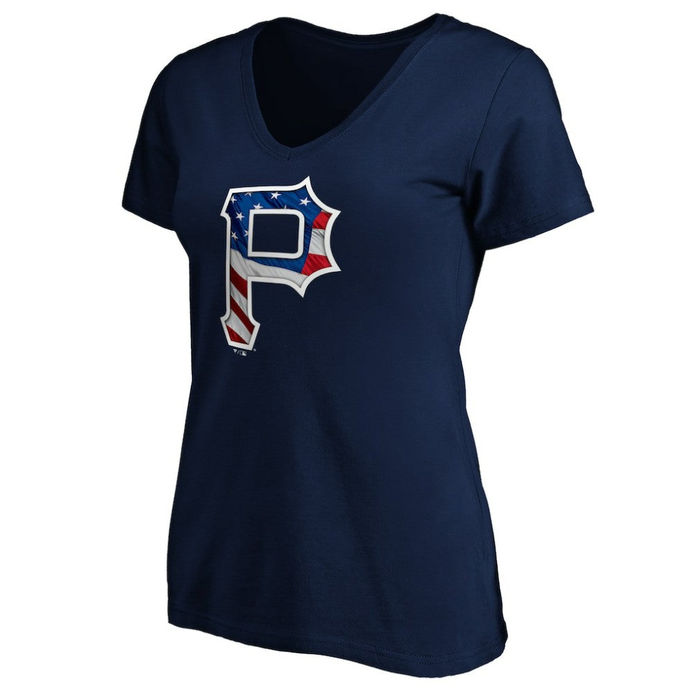 Pittsburgh Pirates Logo Women's Banner Wave V-Neck T-Shirt - Navy