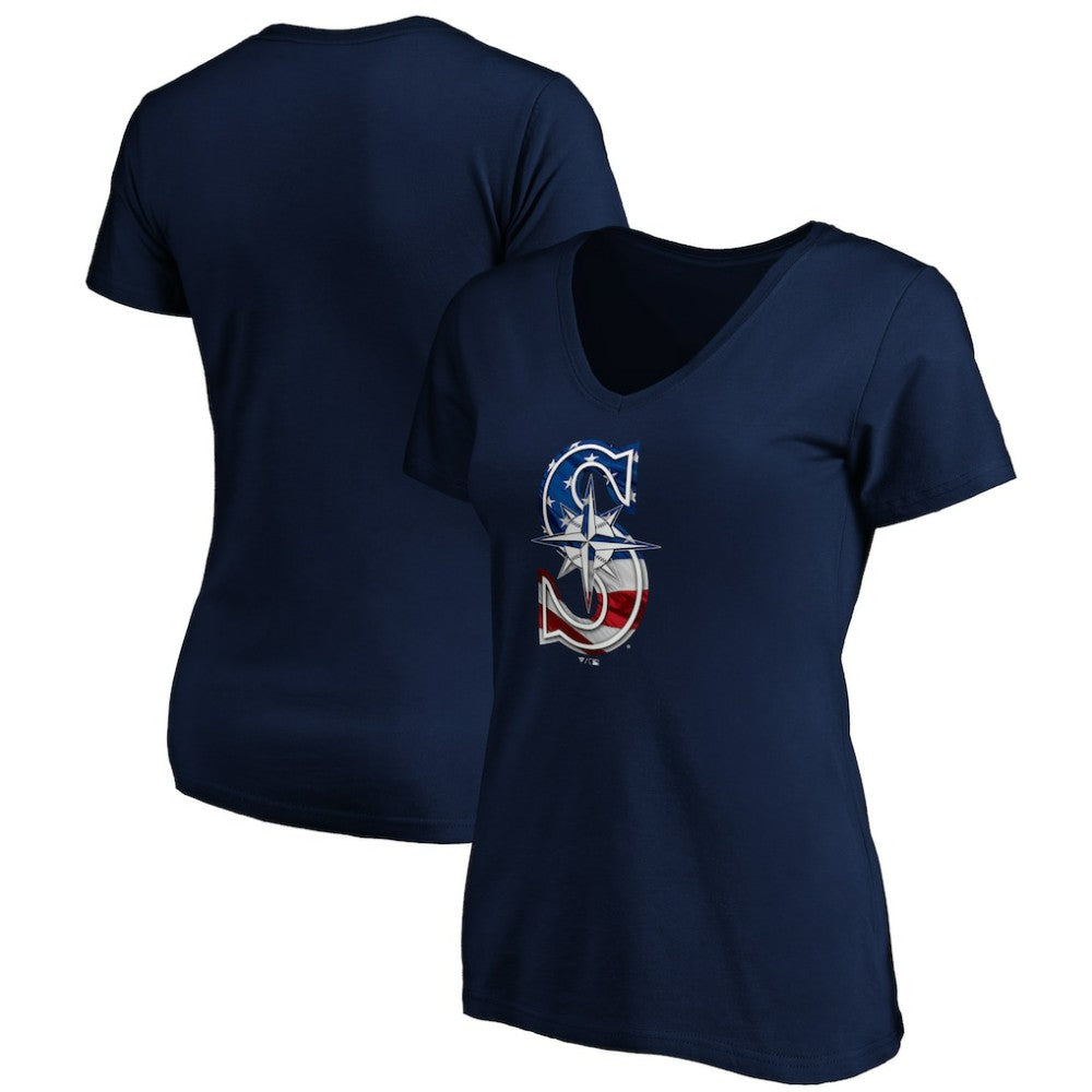 Seattle Mariners Logo Women's Banner Wave V-Neck T-Shirt - Navy