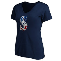 Seattle Mariners Logo Women's Banner Wave V-Neck T-Shirt - Navy