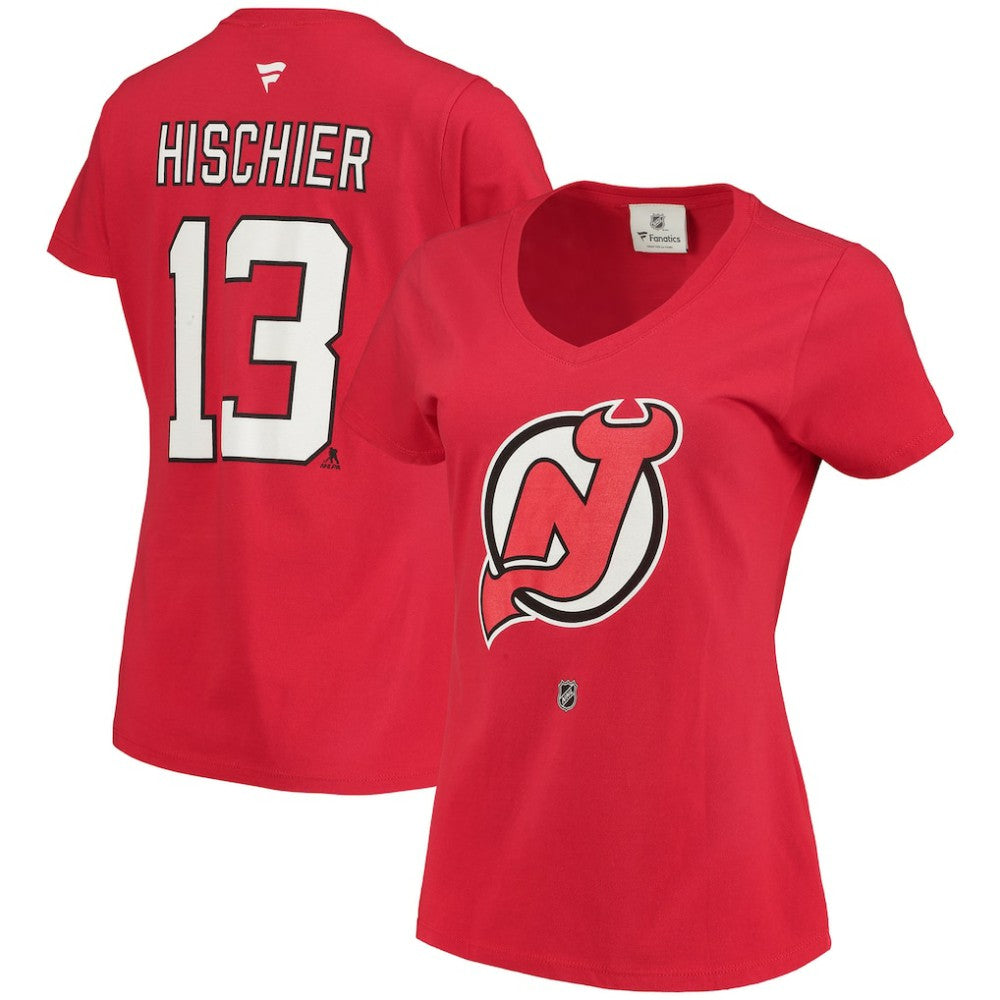 Nico Hischier New Jersey Devils Fanatics Women's Name & Number Logo V-Neck T-Shirt