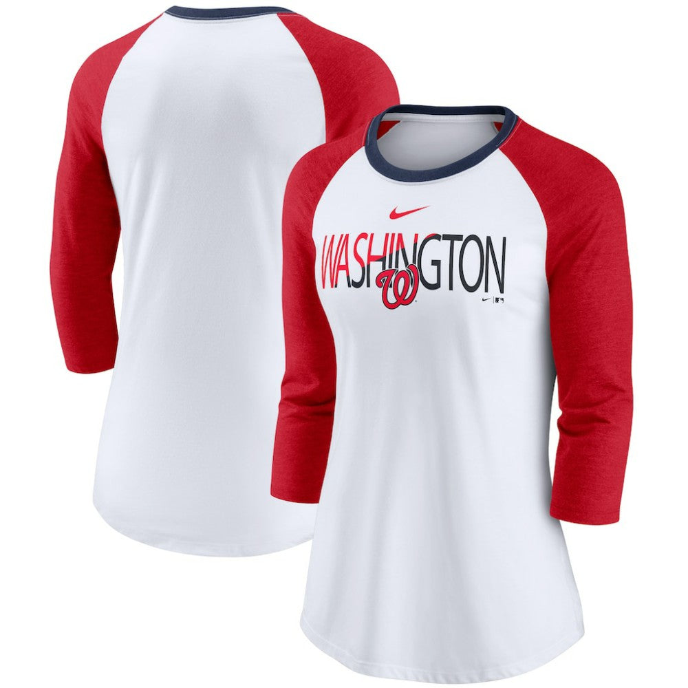 Washington Nationals Women's Color Split Tri-Blend 3/4-Sleeve Raglan T-Shirt - White/Heathered Red | Nike