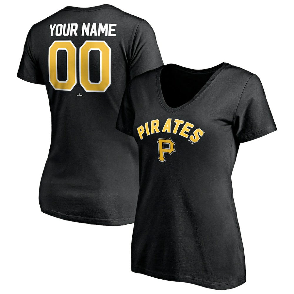 Pittsburgh Pirates Women's Personalized Winning Streak Name & Number V-Neck T-Shirt - Black