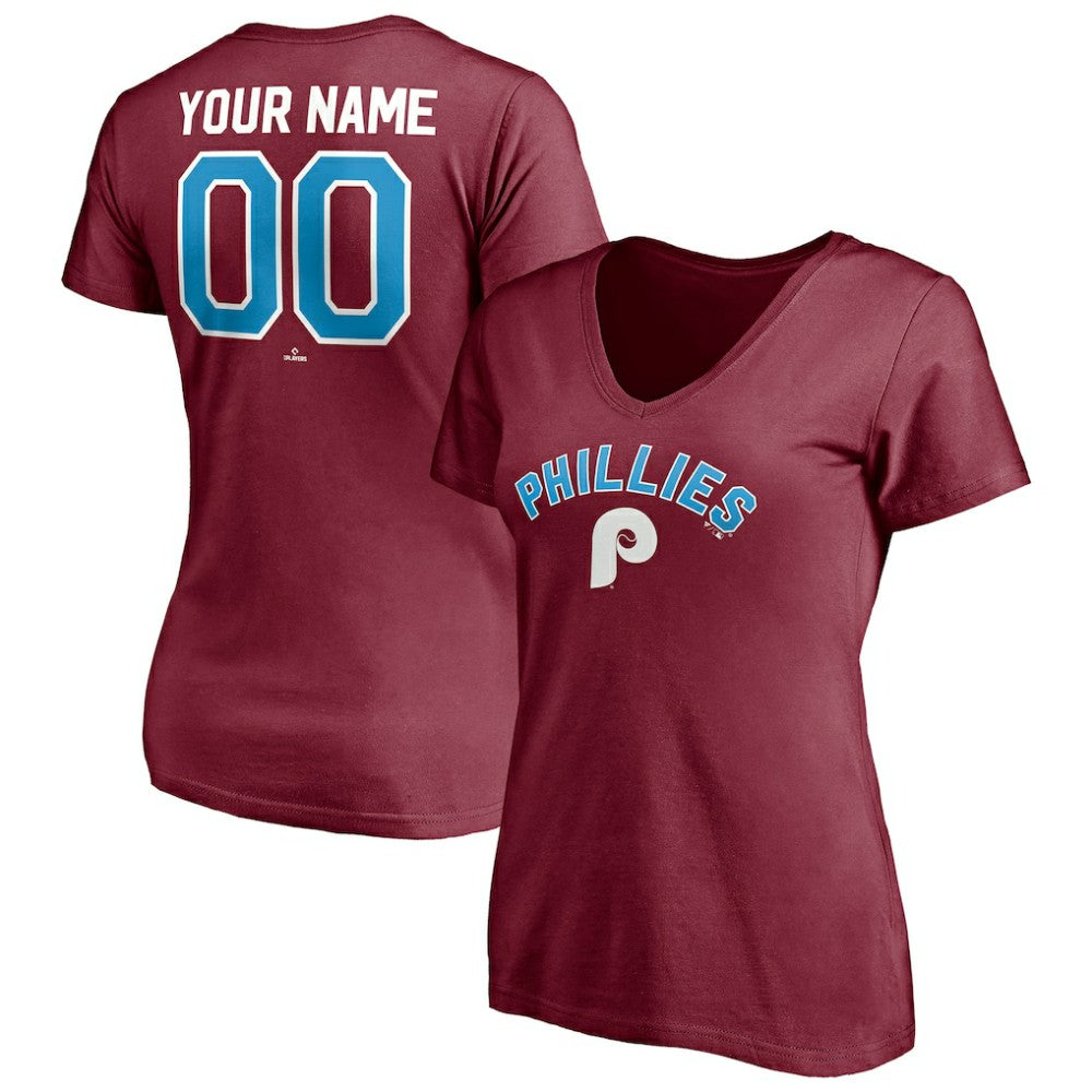 Philadelphia Phillies Women's Cooperstown Winning Streak Alternate Personalized Name & Number V-Neck T-Shirt - Burgundy