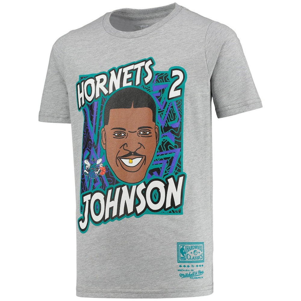 Larry Johnson Charlotte Hornets Youth Hardwood Classics King of the Court Player T-Shirt - Gray | Mitchell & Ness for sale