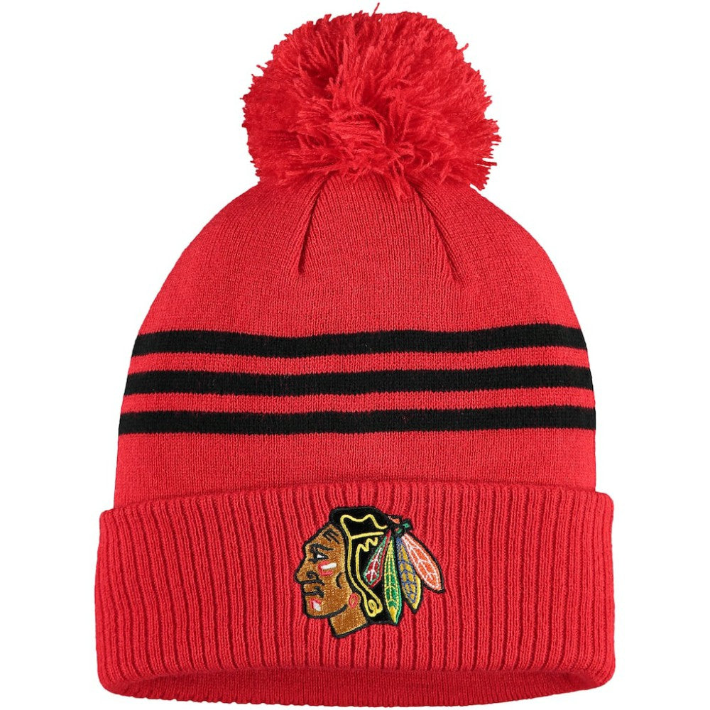 Chicago Blackhawks adidas Locker Room Three Stripe Cuffed Knit Hat with Pom