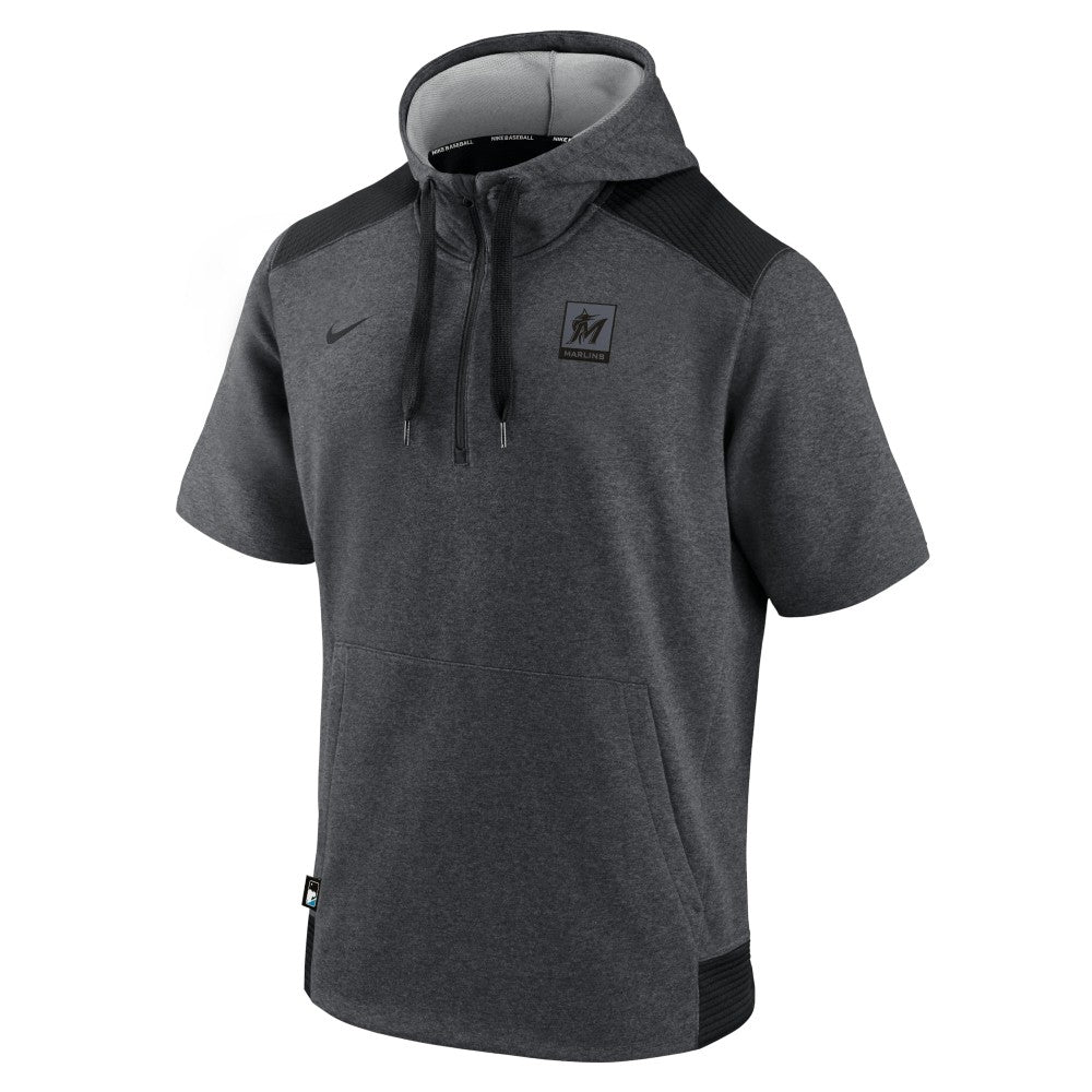 Miami Marlins Authentic Collection Dry Flux Performance Quarter-Zip Short Sleeve Hoodie - Heathered Charcoal/Black | Nike