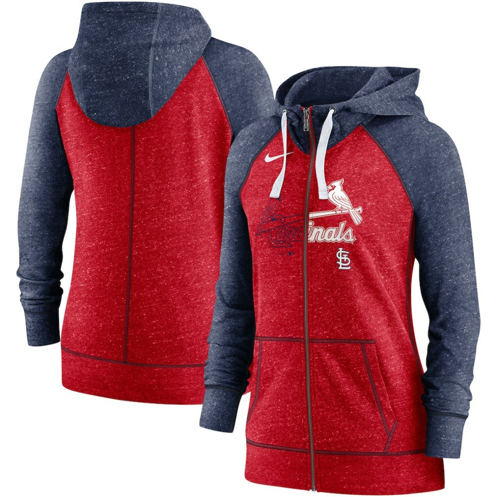 St. Louis Cardinals Women's Split Wordmark Gym Vintage Raglan Lightweight Full-Zip Hoodie - Heather Red/Heather Navy | Nike