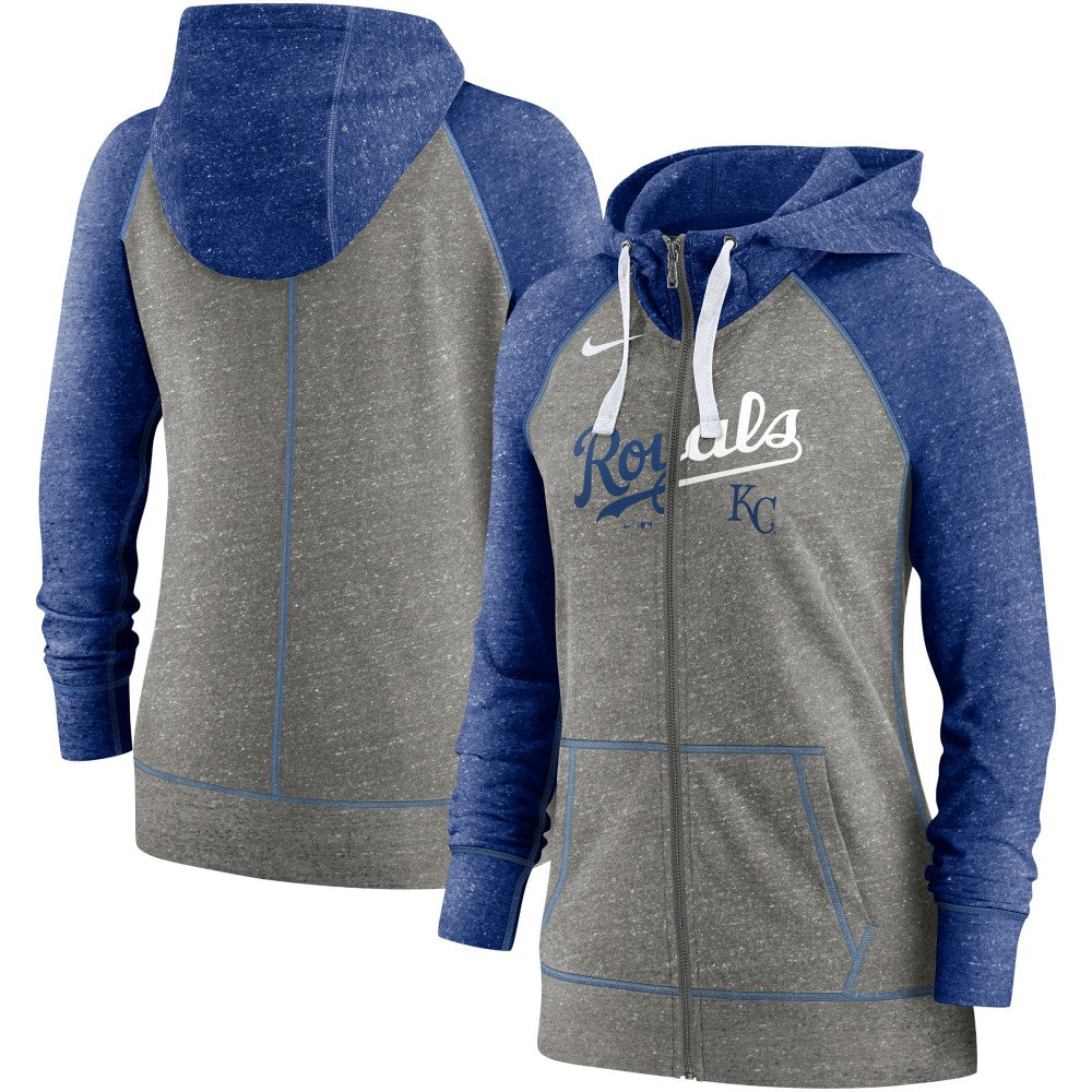 Kansas City Royals Women's Split Wordmark Gym Vintage Raglan Lightweight Full-Zip Hoodie - Heather Charcoal/Heather Royal | Nike