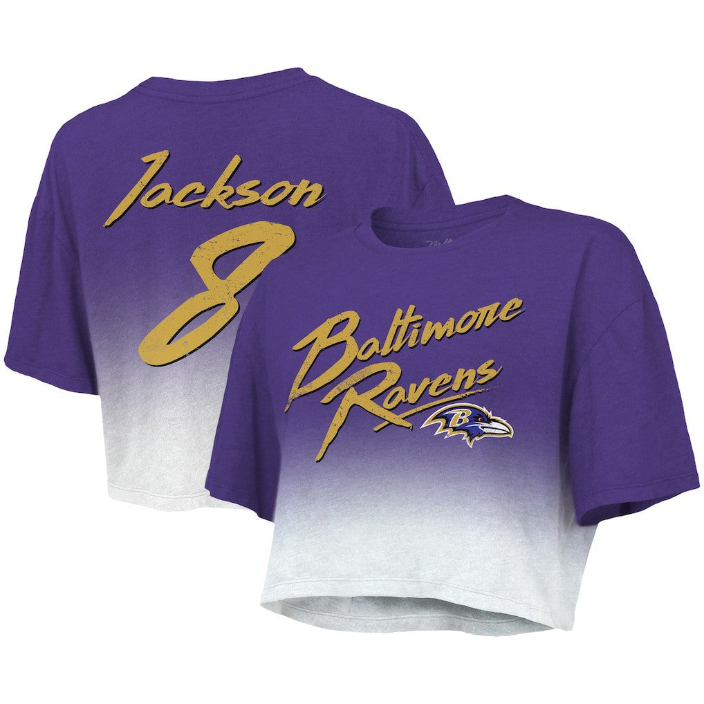 NFL Baltimore Ravens Lamar Jackson  Majestic Threads Women's Dip-Dye Player Name & Number Crop Top