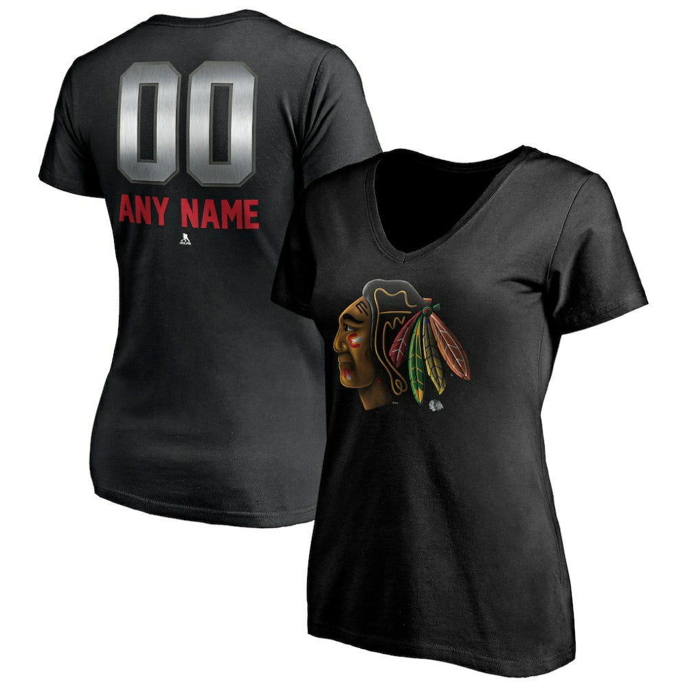 Chicago Blackhawks Women's Personalized Midnight Mascot Logo V-Neck T-Shirt