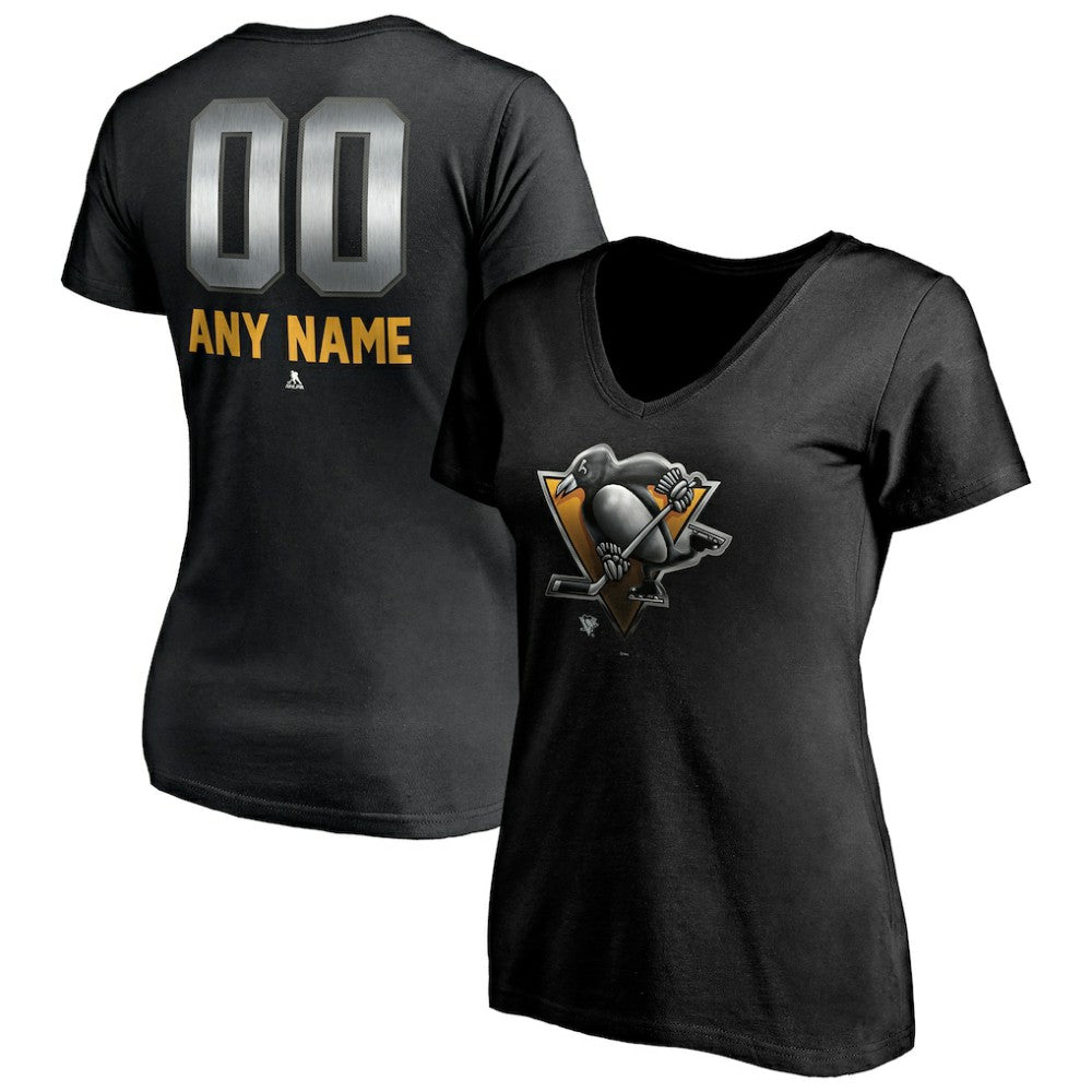 Pittsburgh Penguins Women's Personalized Midnight Mascot Logo V-Neck T-Shirt
