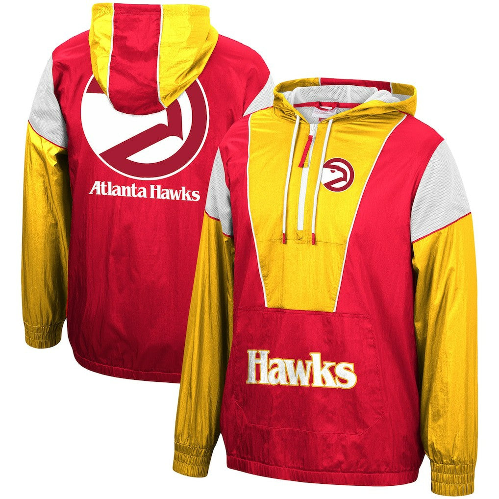 Atlanta Hawks Hardwood Classics Highlight Reel Windbreaker Half-Zip Hoodie Jacket - Red/Yellow | Mitchell & Ness for sale