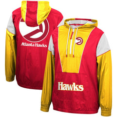 Atlanta Hawks Hardwood Classics Highlight Reel Windbreaker Half-Zip Hoodie Jacket - Red/Yellow | Mitchell & Ness for sale