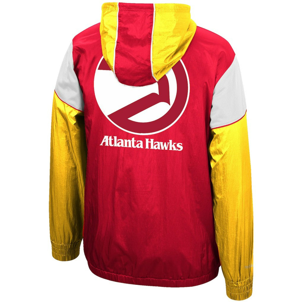 Atlanta Hawks Hardwood Classics Highlight Reel Windbreaker Half-Zip Hoodie Jacket - Red/Yellow | Mitchell & Ness for sale