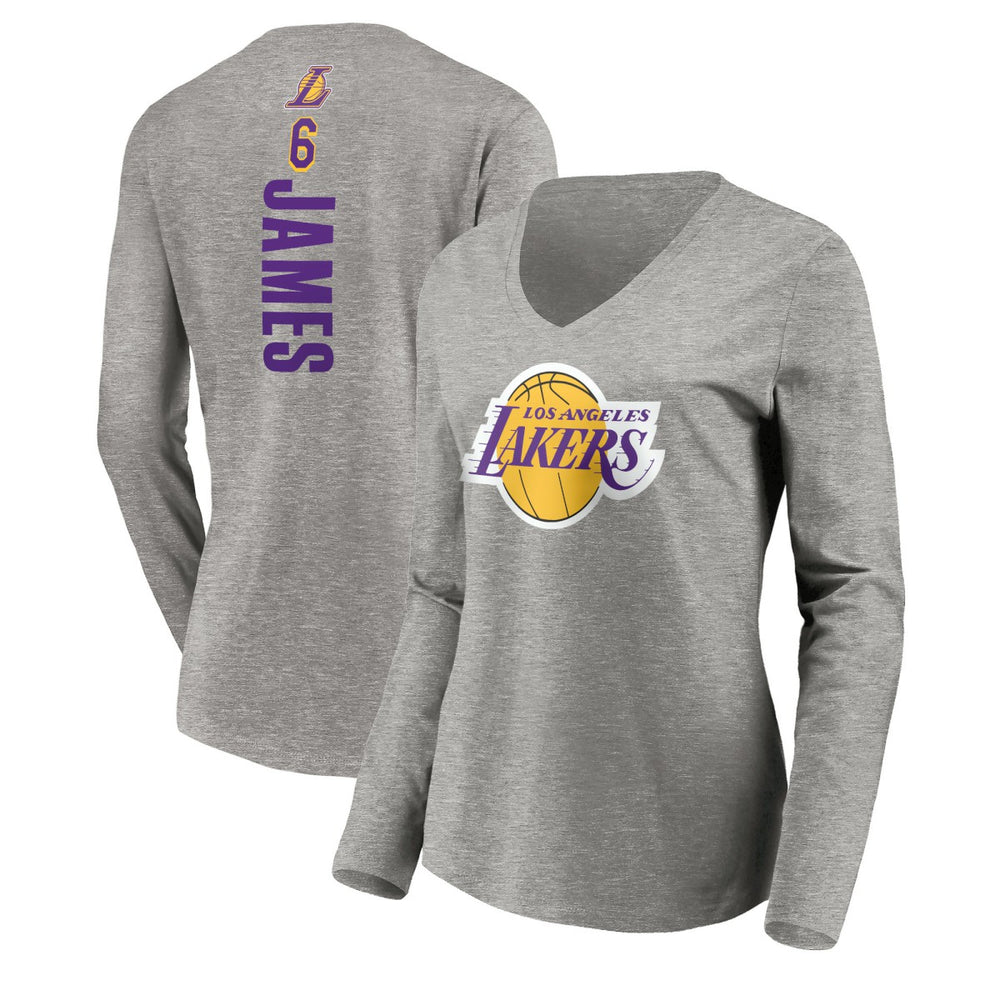 LeBron James Los Angeles Lakers Women's #6 Playmaker Name & Number Long Sleeve V-Neck T-Shirt - Heathered Gray discount