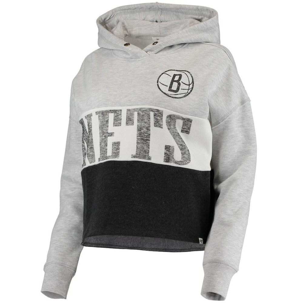 Brooklyn Nets '47 Women's Lizzy Cutoff Pullover Hoodie - Heathered Gray/Heathered Black | 47 brand on sale