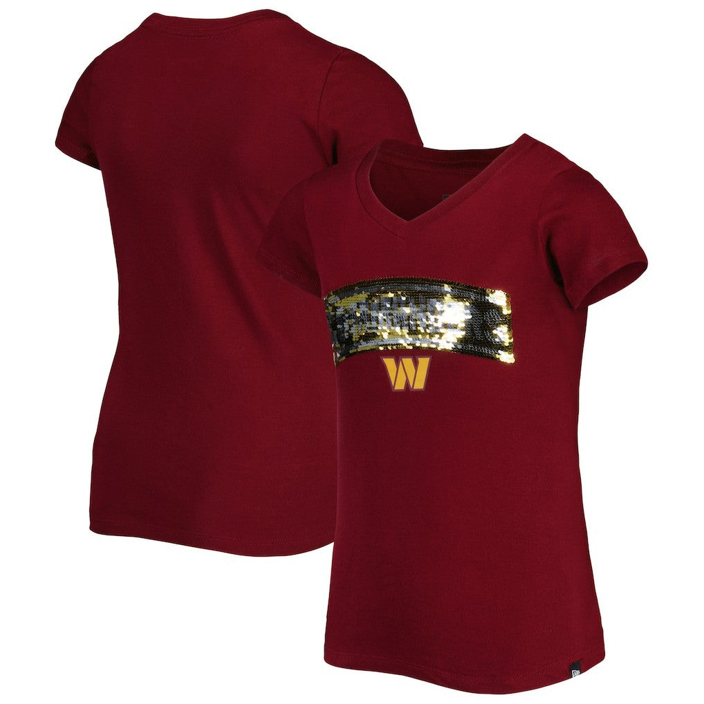 NFL Washington Commanders Girls Youth Reverse Sequin Wordmark V-Neck T-Shirt