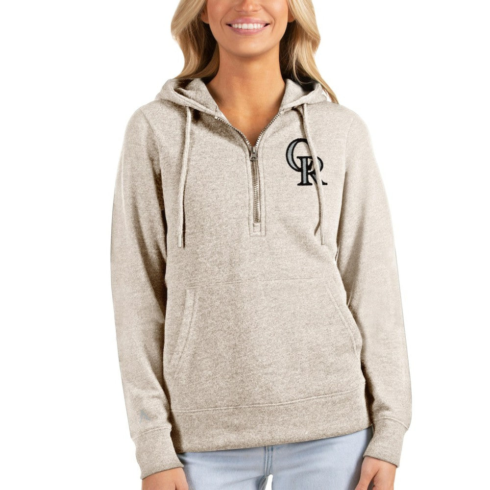 Colorado Rockies Antigua Women's Action Half-Zip Pullover Hoodie - Oatmeal