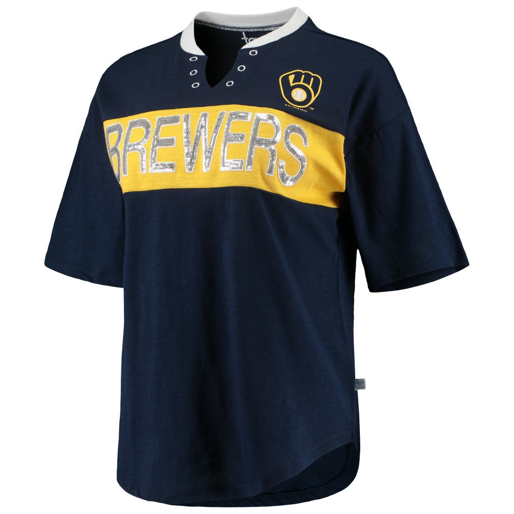 Milwaukee Brewers Touch Women's Lead Off Notch Neck T-Shirt - Navy/Gold