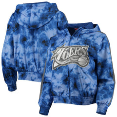Philadelphia 76ers Women's Galaxy Sublimated Windbreaker Pullover Full-Zip Hoodie - Royal | Mitchell & Ness discount