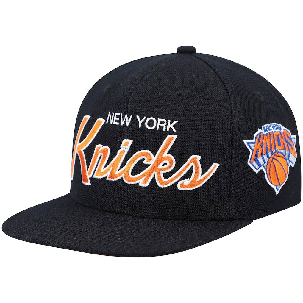 New York Knicks Hardwood Classics Script 2.0 Snapback Hat - Black | Mitchell & Ness sale