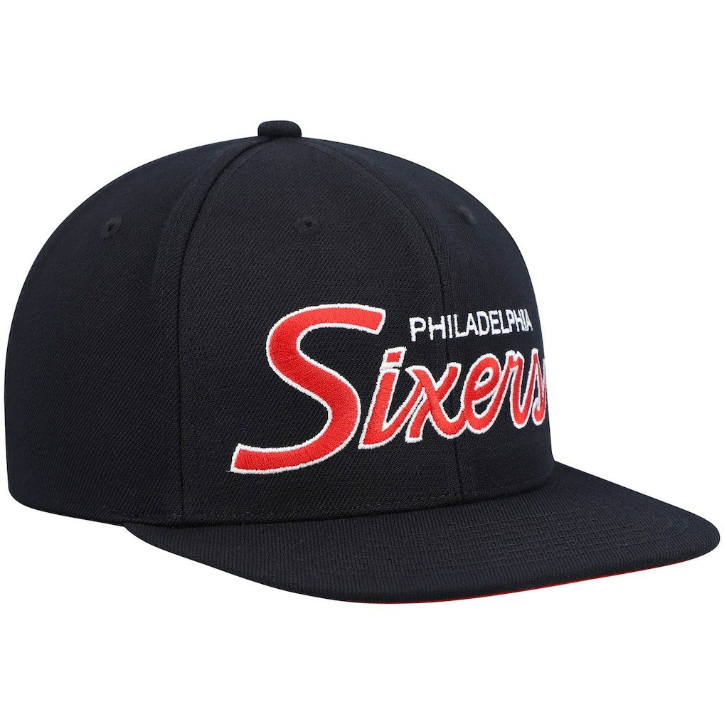 Philadelphia 76ers Hardwood Classics Script 2.0 Snapback Hat - Black | Mitchell & Ness for sale