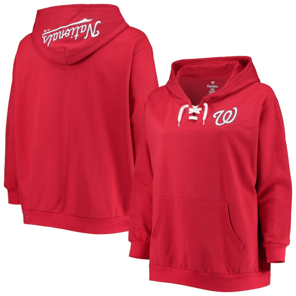 Washington Nationals Women's Plus Size Lace-Up V-Neck Pullover Hoodie - Red