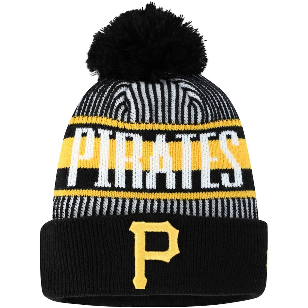 Pittsburgh Pirates Youth Striped Cuffed Knit Hat with Pom - Black | New Era