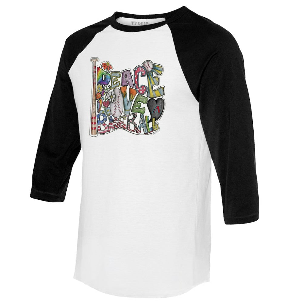 Arizona Diamondbacks Tiny Turnip Women's Peace Love Baseball 3/4-Sleeve Raglan T-Shirt - White/Black