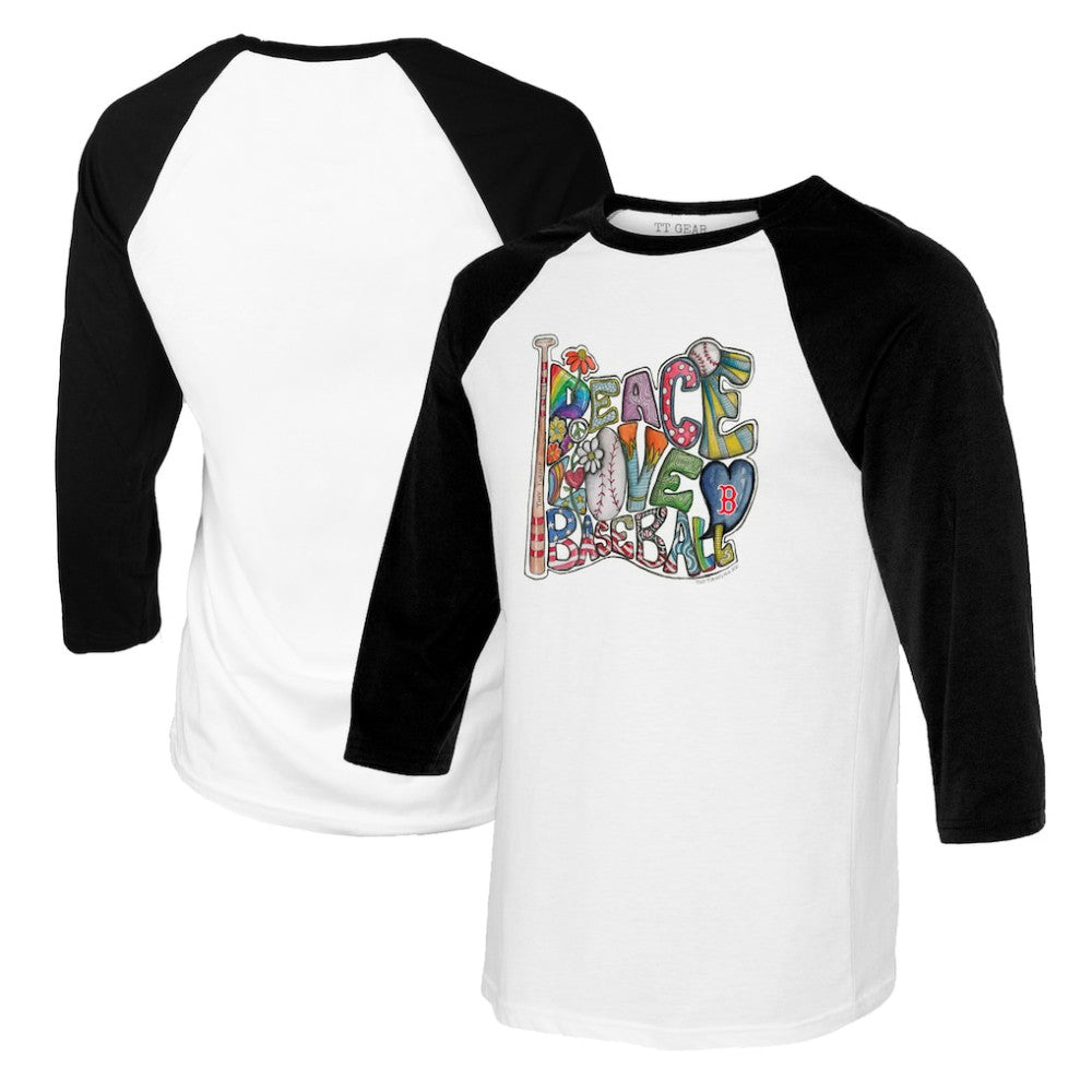 Boston Red Sox Tiny Turnip Women's Peace Love Baseball 3/4-Sleeve Raglan T-Shirt - White/Black