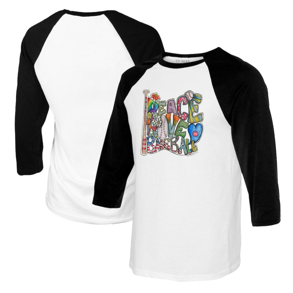 Chicago Cubs Tiny Turnip Women's Peace Love Baseball 3/4-Sleeve Raglan T-Shirt - White/Black