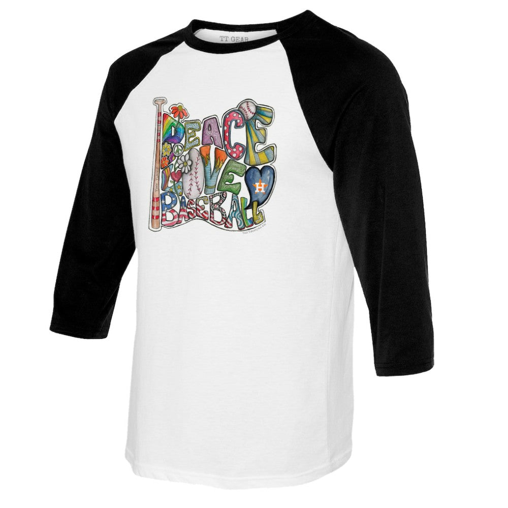 Houston Astros Tiny Turnip Women's Peace Love Baseball 3/4-Sleeve Raglan T-Shirt - White/Black
