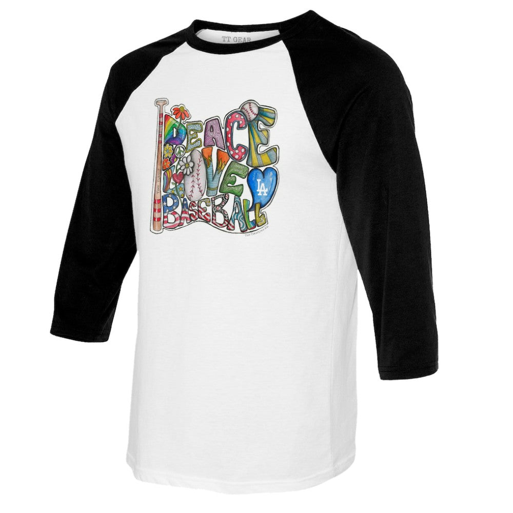 Los Angeles Dodgers Tiny Turnip Women's Peace Love Baseball 3/4-Sleeve Raglan T-Shirt - White/Black