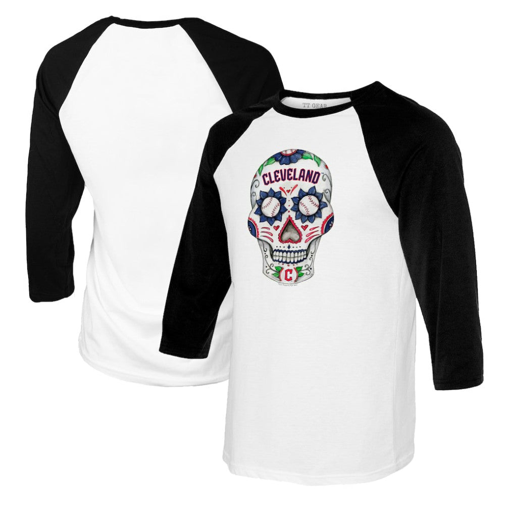 Cleveland Guardians Tiny Turnip Women's Sugar Skull 3/4-Sleeve Raglan T-Shirt - White/Black
