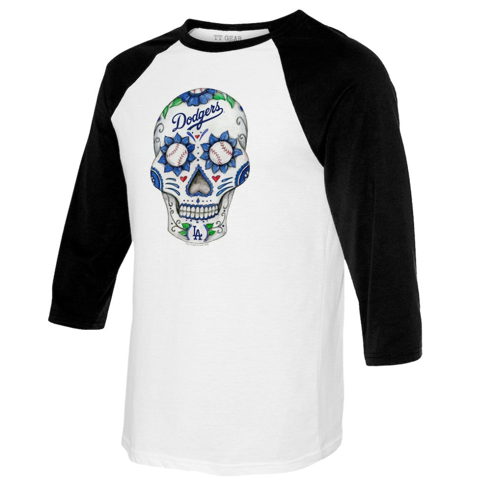 Los Angeles Dodgers Tiny Turnip Youth Sugar Skull Raglan 3/4 Sleeve T-Shirt - White/Black