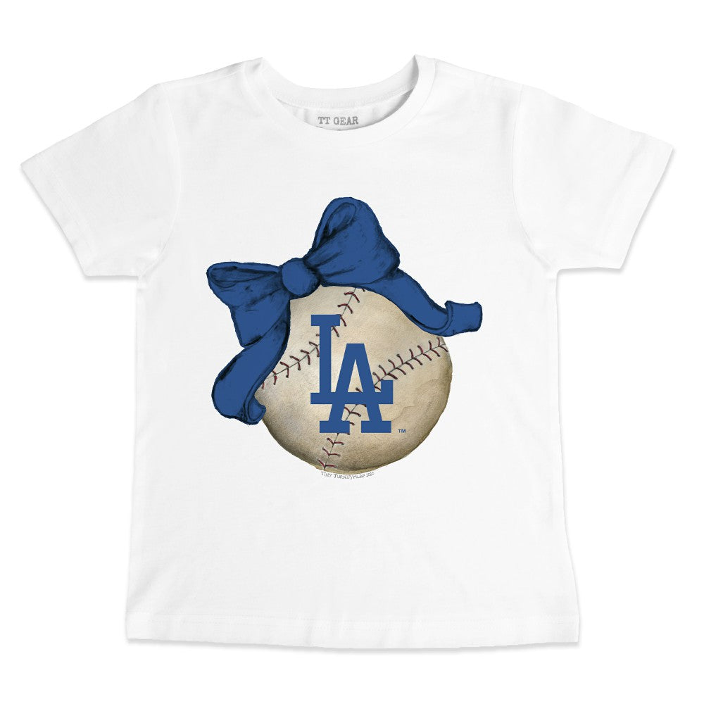 Los Angeles Dodgers Tiny Turnip Youth Baseball Bow T-Shirt - White