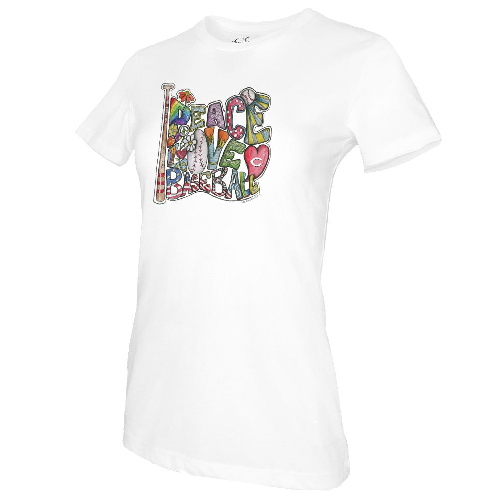 Cincinnati Reds Tiny Turnip Women's Peace Love Baseball T-Shirt - White