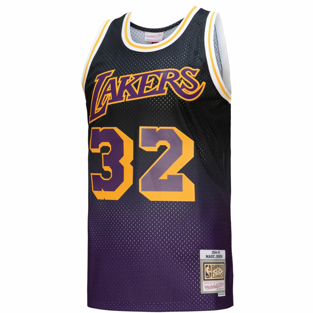 Magic Johnson Los Angeles Lakers 1984/85 Hardwood Classics Fadeaway Swingman Player Jersey - Purple/Black | Mitchell & Ness for sale