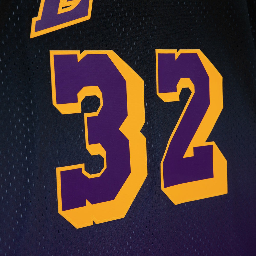 Magic Johnson Los Angeles Lakers 1984/85 Hardwood Classics Fadeaway Swingman Player Jersey - Purple/Black | Mitchell & Ness for sale