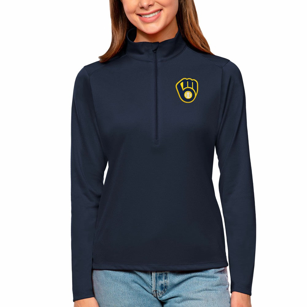 Milwaukee Brewers Antigua Women's Tribute Quarter-Zip Pullover Top - Navy