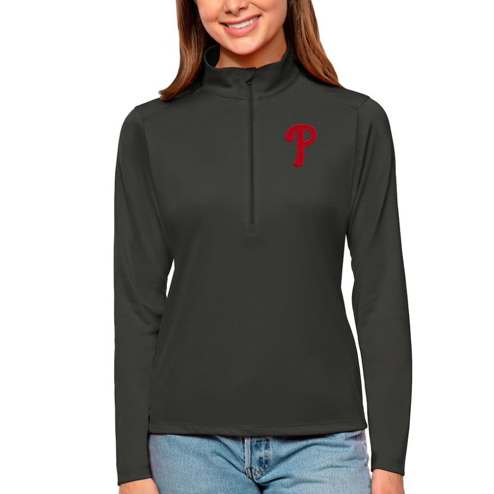 Philadelphia Phillies Antigua Women's Tribute Quarter-Zip Pullover Top - Charcoal