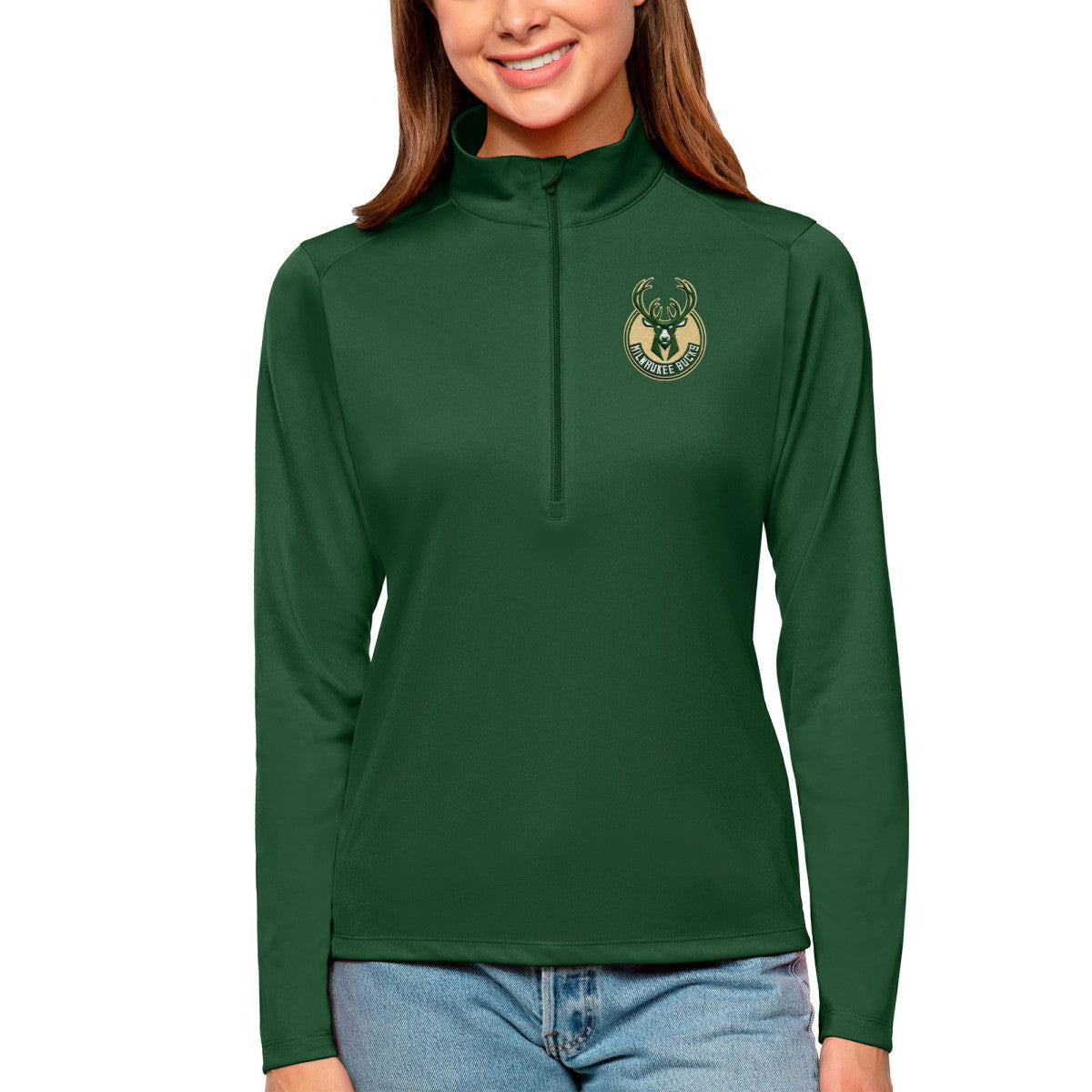 Milwaukee Bucks Antigua Women's Tribute Half-Zip Top - Hunter Green outlet