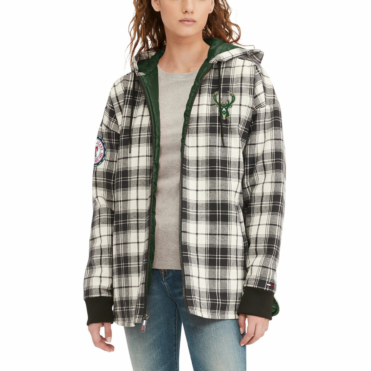 Milwaukee Bucks Tommy Jeans Women's Molly Flannel Full-Zip Hoodie - Black/Cream shop