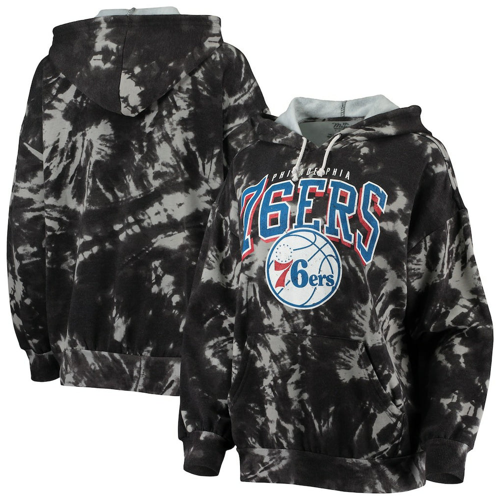 Philadelphia 76ers Majestic Threads Women's Burble Tie-Dye Tri-Blend Pullover Hoodie - Black cheap