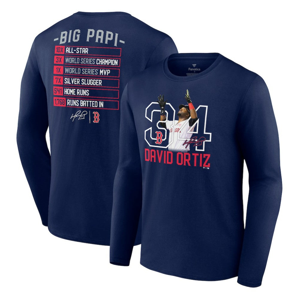 David Ortiz Boston Red Sox Stats Resume Long Sleeve T-Shirt - Navy