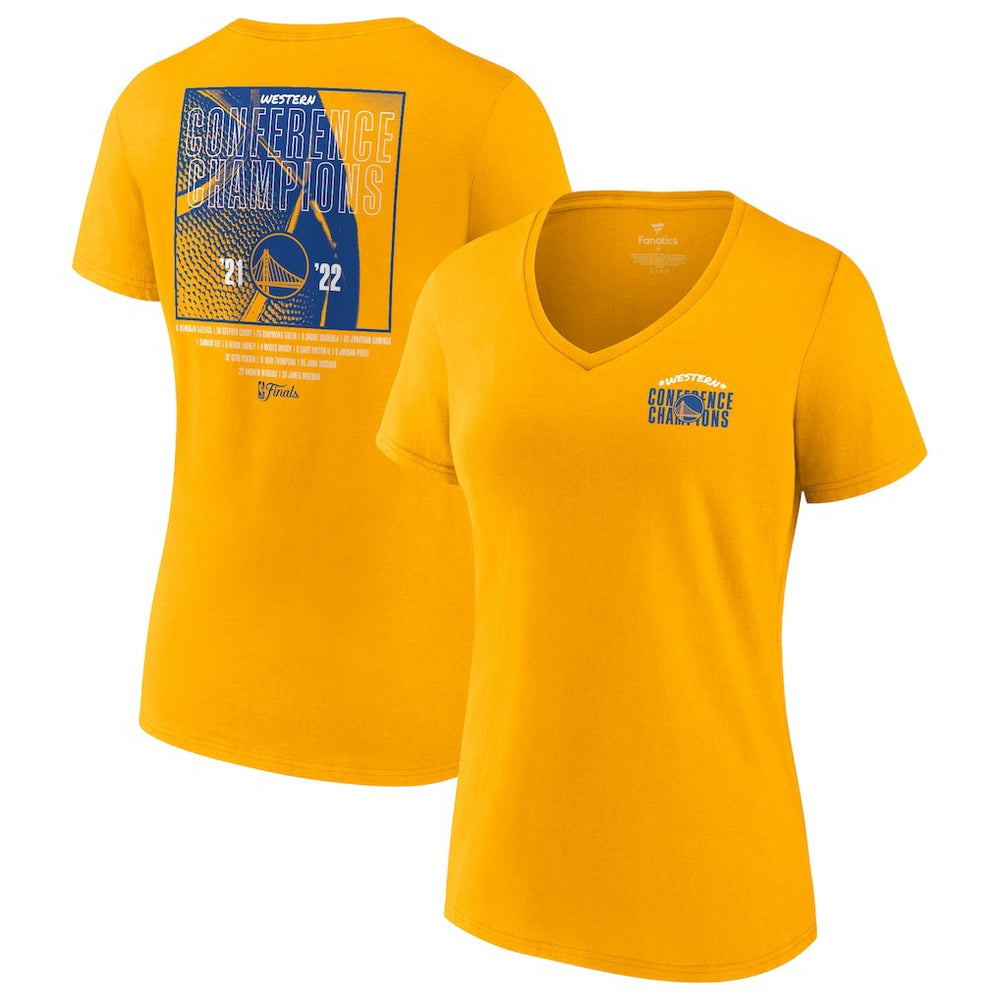 Golden State Warriors Women's 2022 Western Conference Champions Balanced Attack Roster V-Neck T-Shirt sale - Gold | Fanatics shop