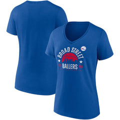 Philadelphia 76ers Women's Hometown Collection Broad Street Ballers V-Neck T-Shirt - Royal | Fanatics for sale
