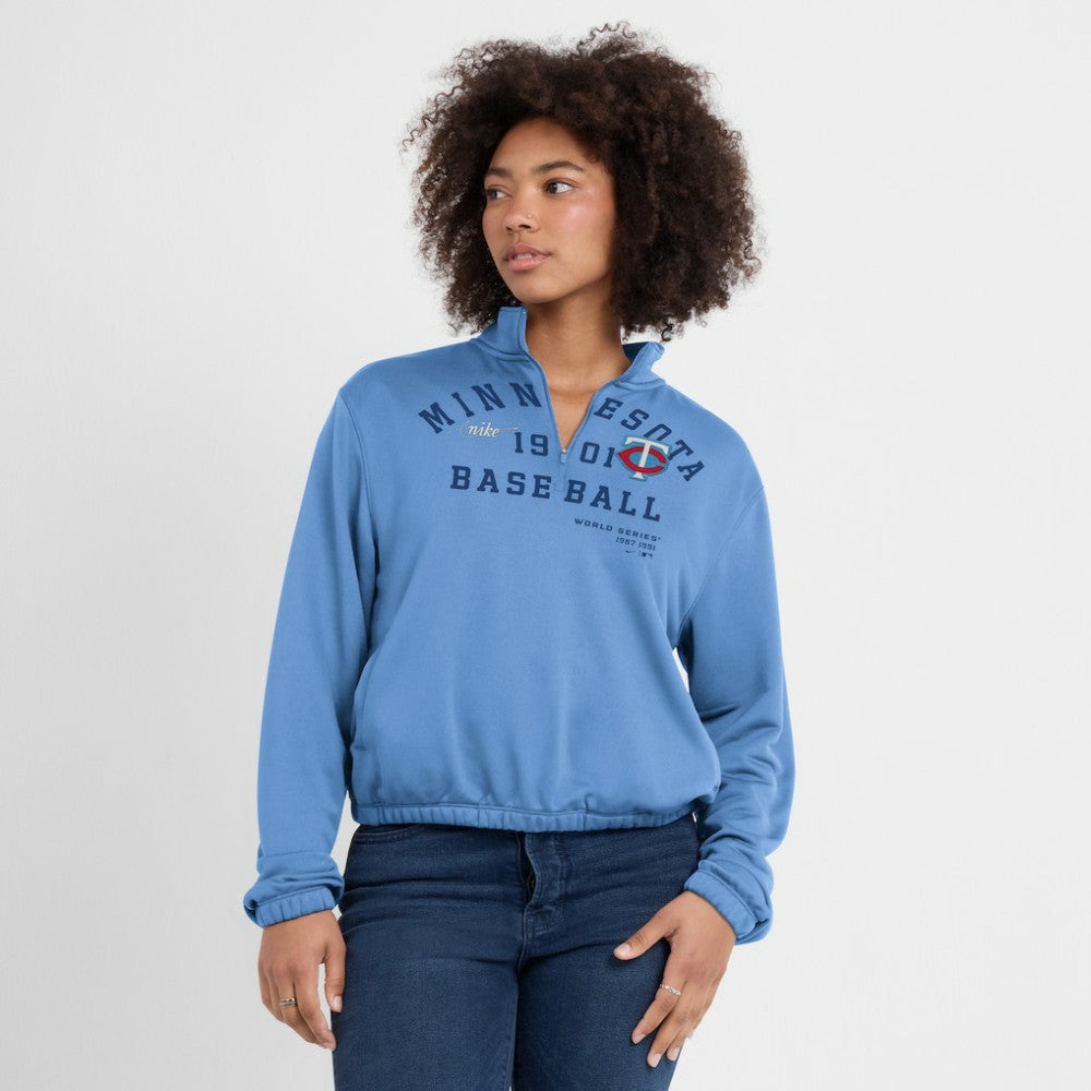 Minnesota Twins Women's Rewind Splice Half-Zip Semi-Cropped Bubble Hem Sweatshirt - Light Blue | Nike