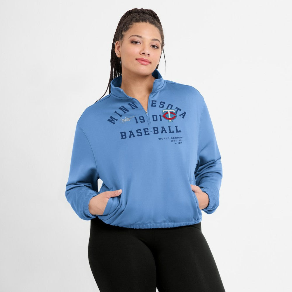 Minnesota Twins Women's Rewind Splice Half-Zip Semi-Cropped Bubble Hem Sweatshirt - Light Blue | Nike